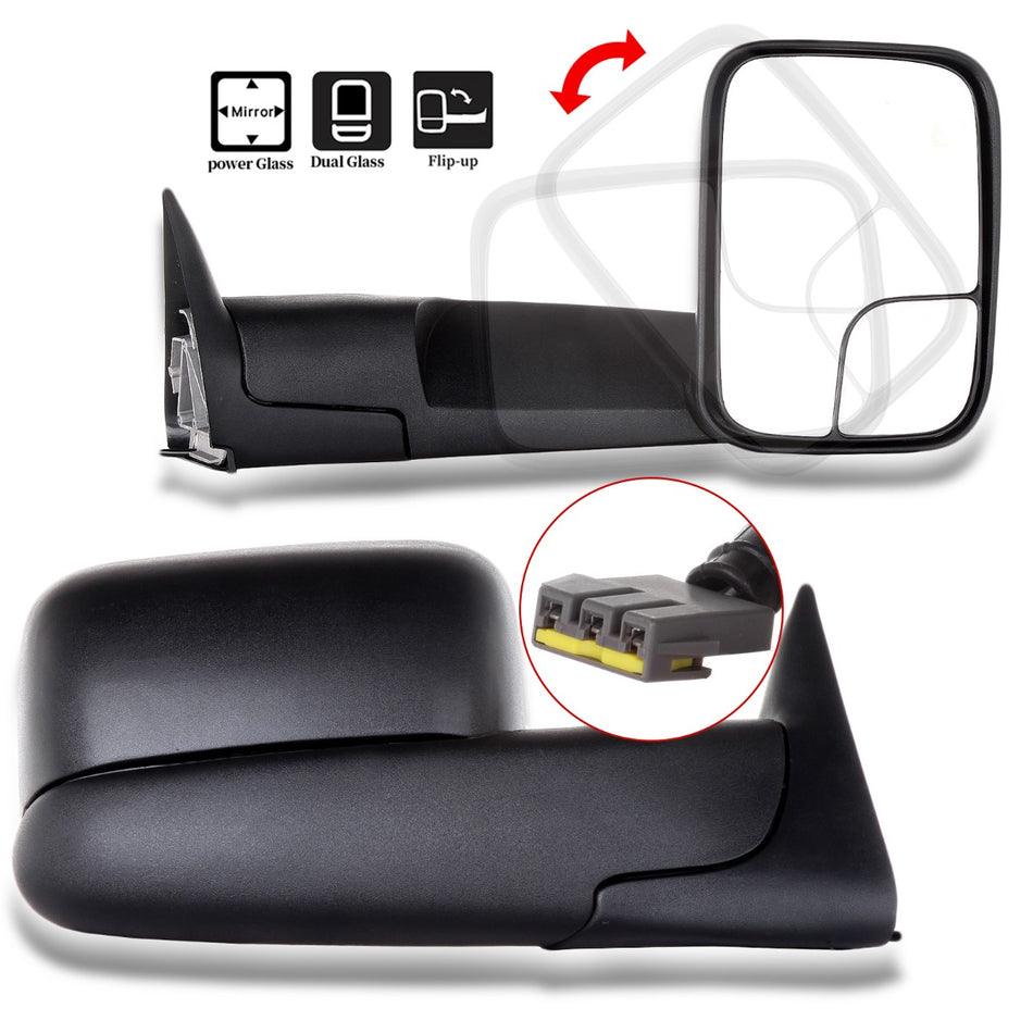 Towing Mirror Black Right Passenger Side 94-97 Dodge Ram 1500 94-97 Dodge Ram 2500 Power Adjusted No Heated No Signal Light Manual