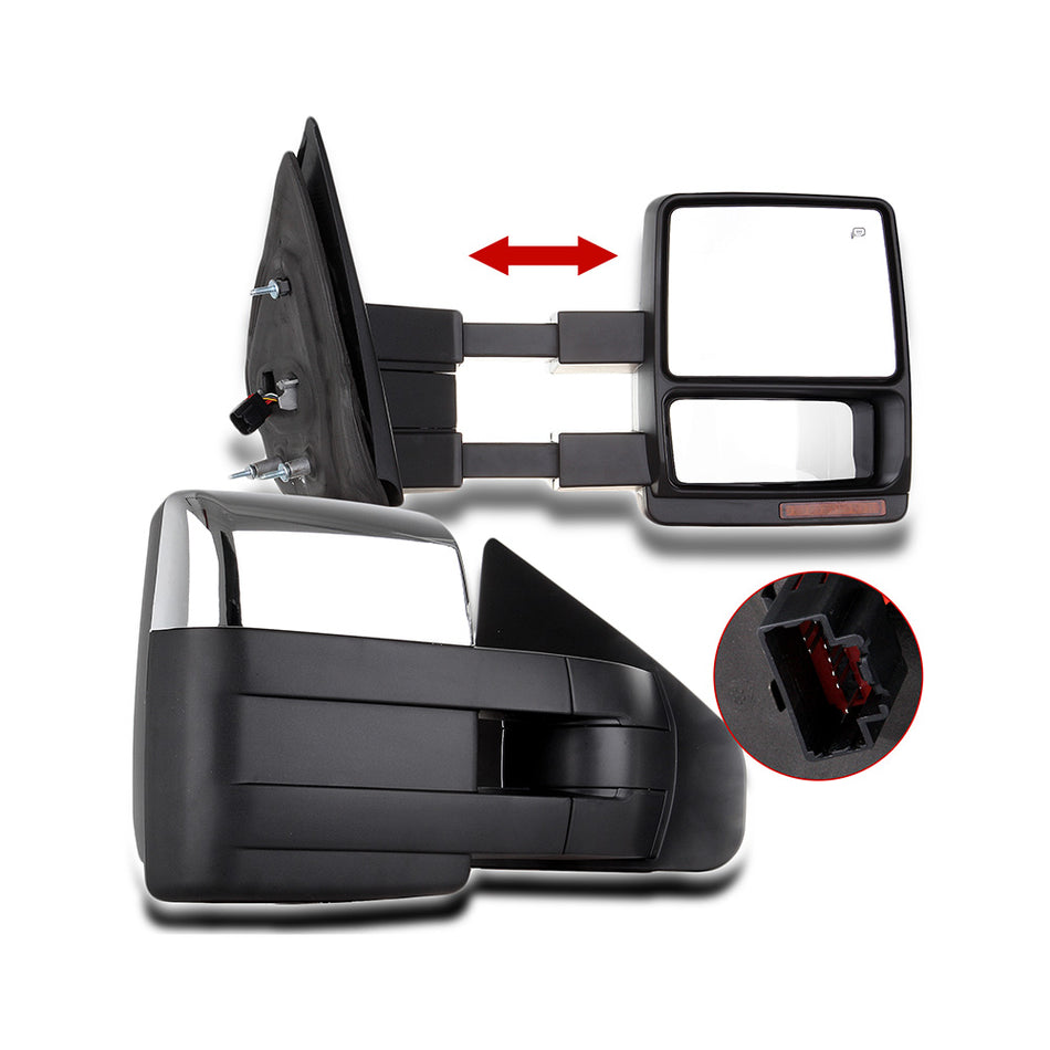 Chrome Power Heated Towing Mirrors for 2007-2014 Ford F150 WIth LED Turn Signal Puddle Lamp Cap - Pair