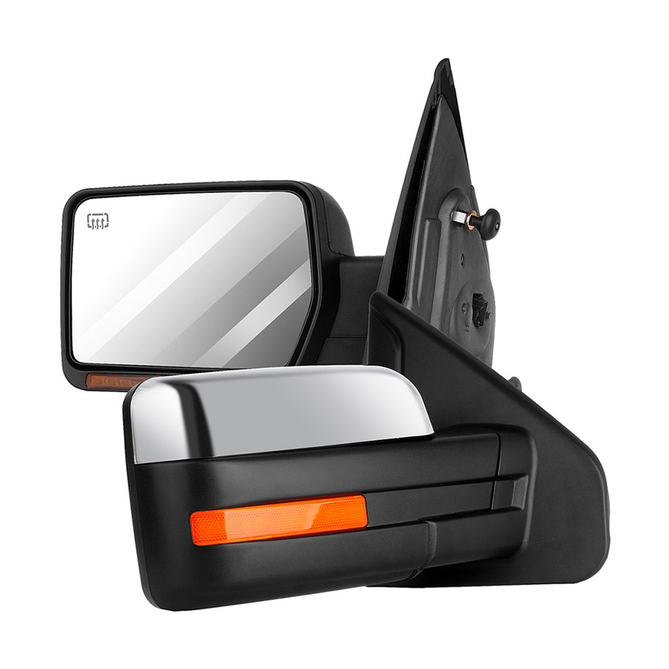 2004-2014 Ford F150 Tow Mirror Power Control Heated Turn Signal Puddle Light Chrome Housing with Reflective Stripe A Pair