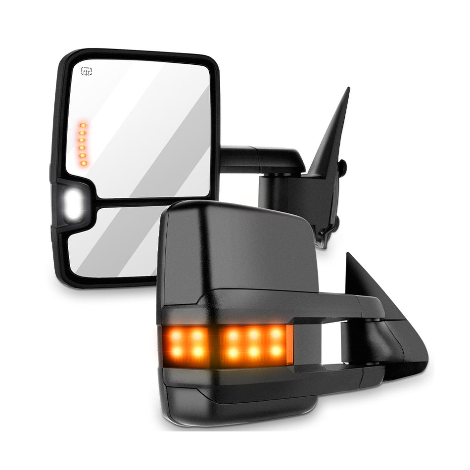 Towing Mirrors For 99-02 GMC Sierra 1500/2500, 00-02 GMC Yukon Power Control Heat LED Turn Signal Light Pair