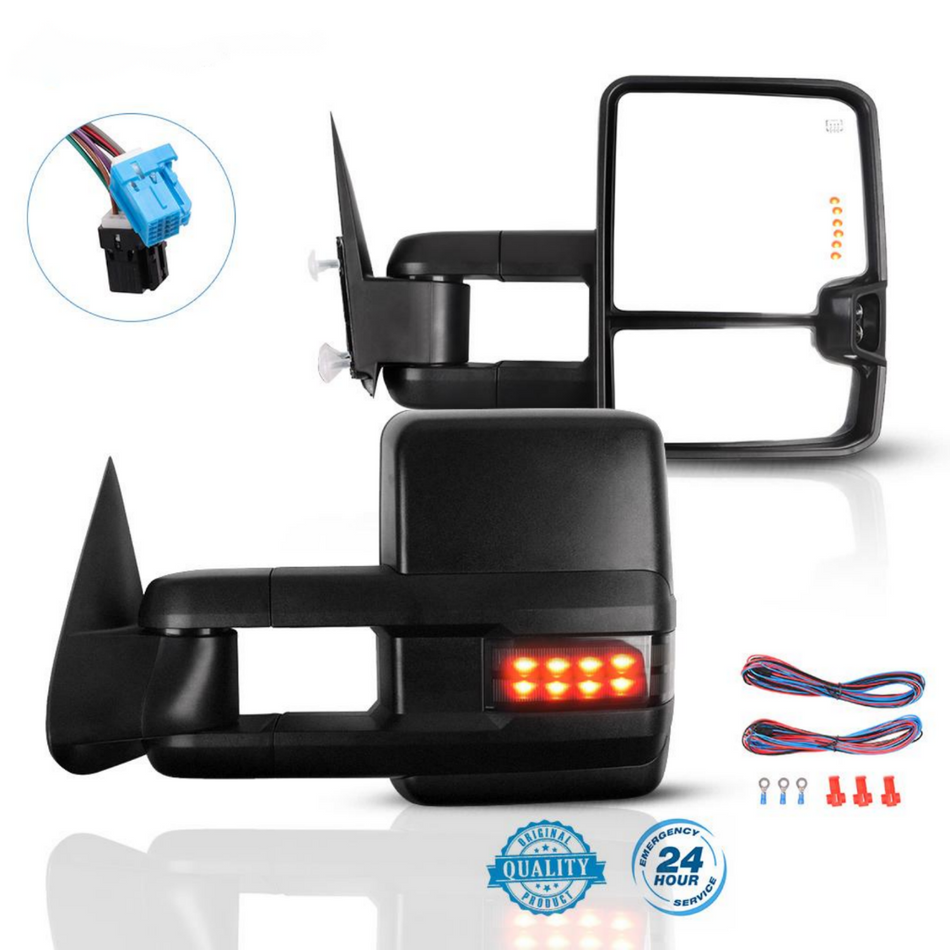 Black Housing Towing Mirrors For 02-06 Chevrolet Avalanche 1500 02-06 Chevrolet Avalanche 2500 Power Heated With Puddle Turn Signal Lights 1 Pair