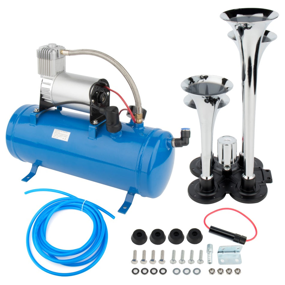 4 Trumpet Air Horn Compressor Tank Gauge Kit 1.6Gal 150PSI For Train Truck Van