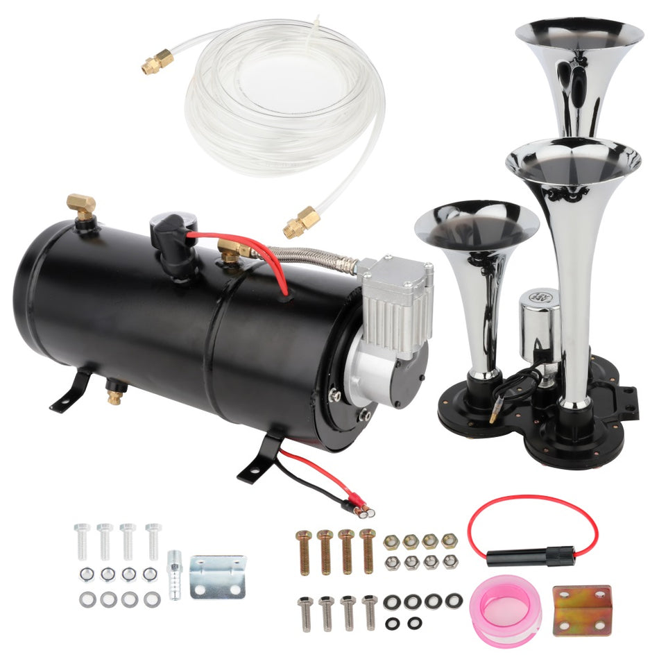3 LOUD Trumpet Train Air Horn Kit 0.8Gal & 12V 150 PSI Air Compressor Air System