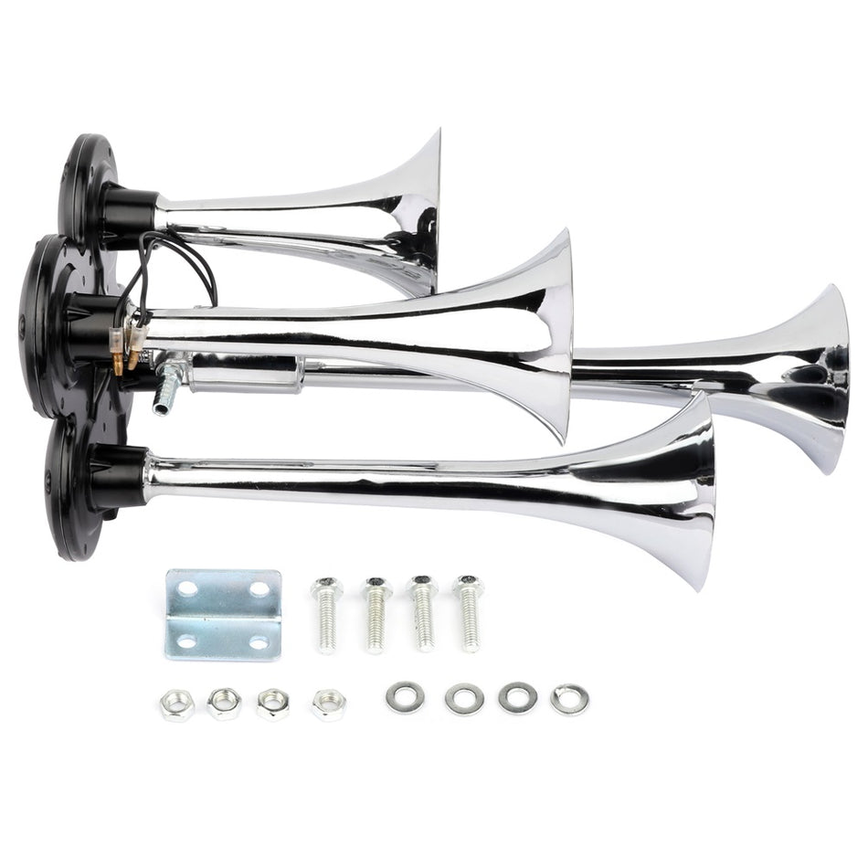 Chrome Metal 12V 150 DB 4 Trumpet Deep LOUD Train Air Horn Kit