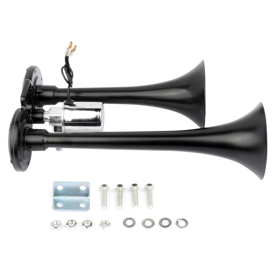 Black Metal 12V 120 DB Dual Trumpet Deep LOUD Train Air Horn Kit