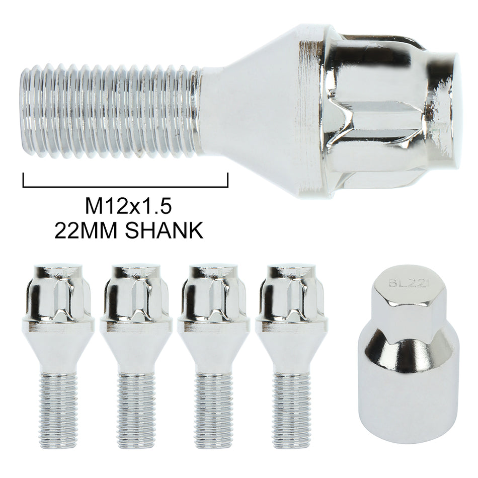 4Pcs With 1 key 12x1.5 Wheel Lug Shank 22mm Silver For 09-11 BMW 128i 01-06 BMW 325Ci