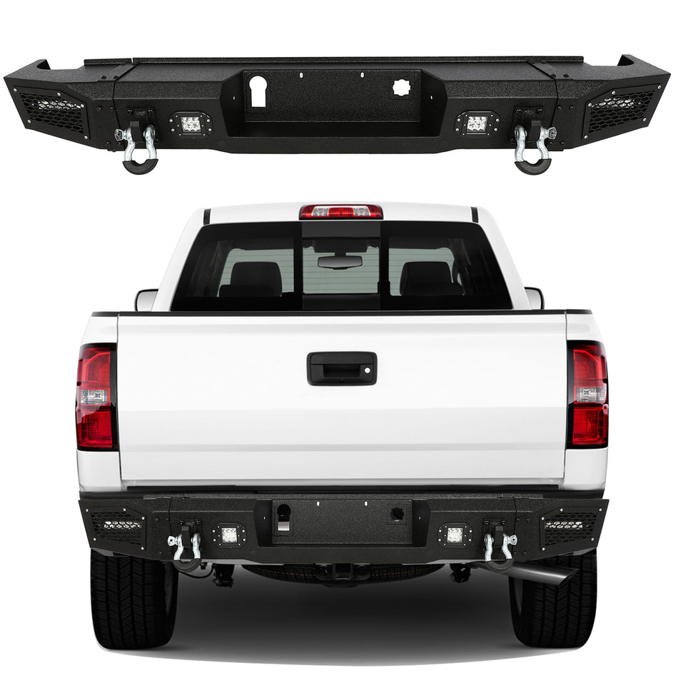 Black Steel Rear Bumper w/LED Fog Lights & D-rings for 2014-2015 GMC Sierra 1500