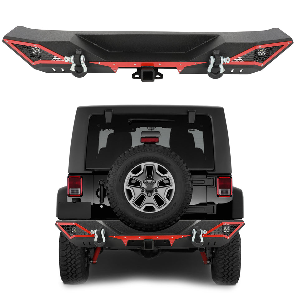 For 2007-2017 Jeep Wrangler JK Black Steel Rear Bumper w/LED Fog Lights D-rings