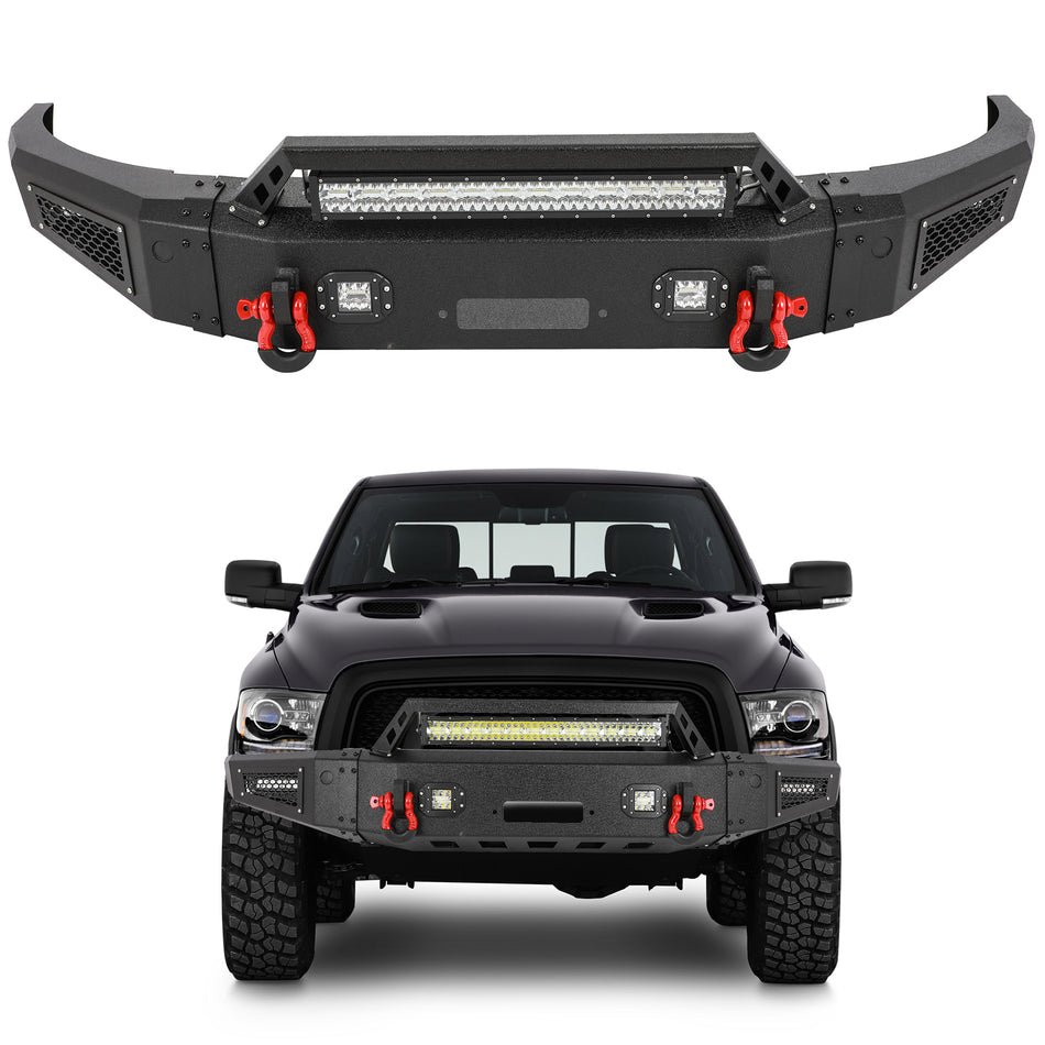 For 2015-2018 Ram 1500 Rebel Front Bumper Textured Steel w/ LED Lights Black