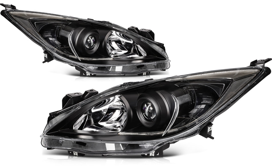 Headlights Assembly For 2010 2011 2012 2013 Mazda 3 (5-Speed) Black Housing Pair