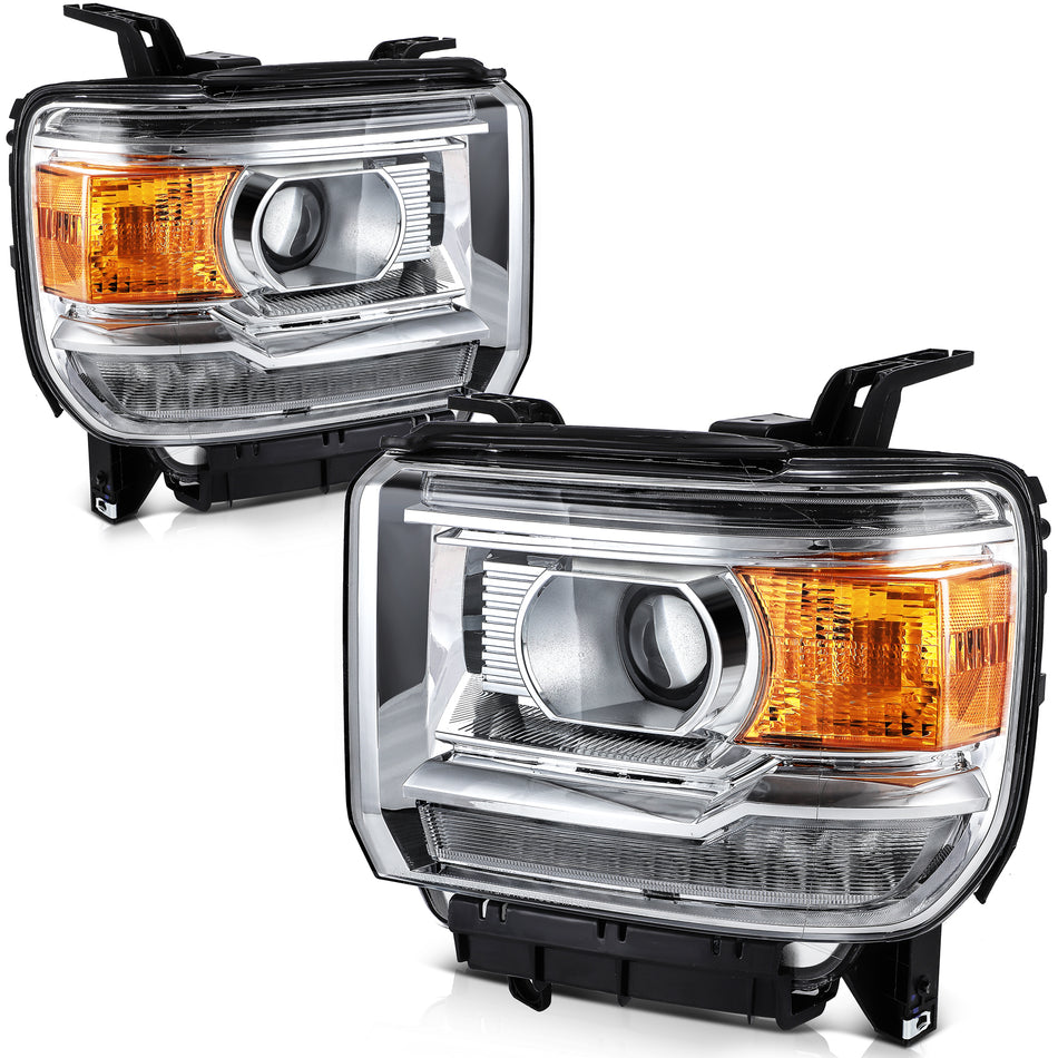 For 2014-2019 GMC Sierra Base/Denali/SLE/SLT LeftRight Pair Chrome Headlights