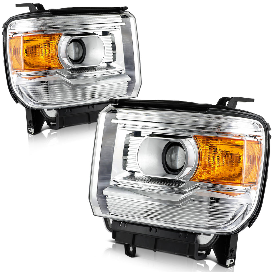 For 2014-2015 GMC Sierra 1500 Chrome Amber Pair Headlights Assembly