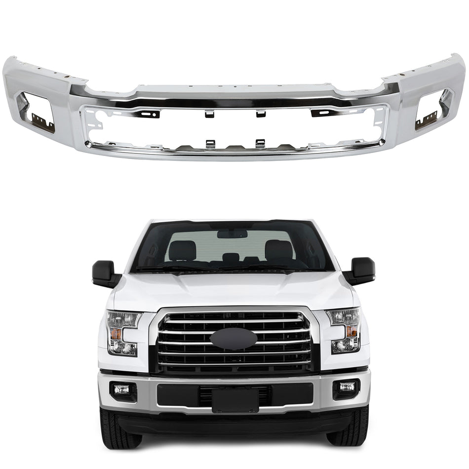 Chrome Front Steel Bumper Face Bar w/ Fog light holes for 15-17 Ford F150 Pickup