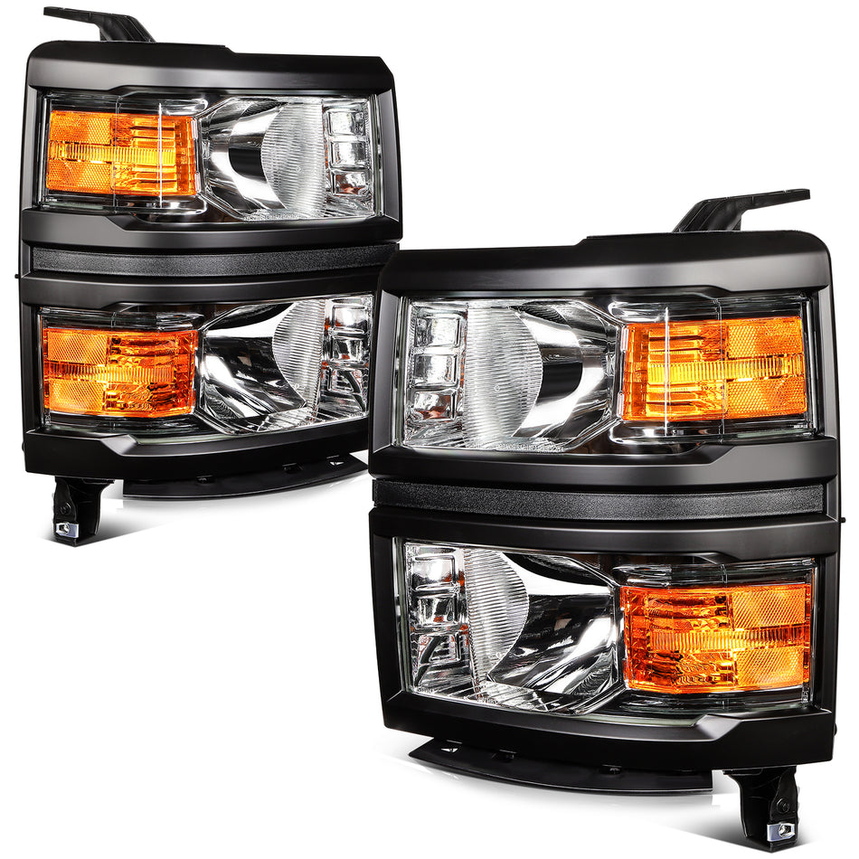 For 2014-2015 Chevy Silverado 1500 Black Housing Left Right Headlight Assembly