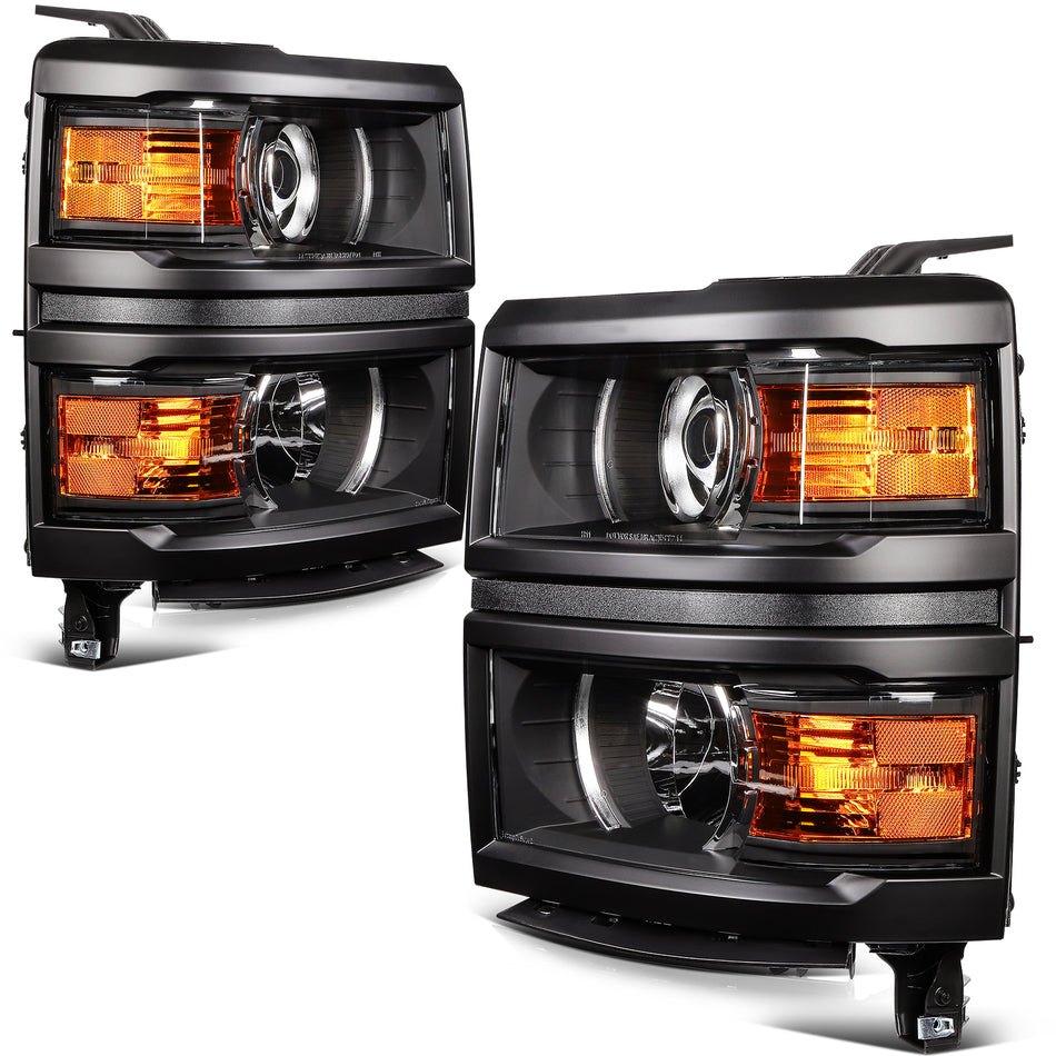 Black 2pcs/Pair Projector Headlight For 2014-2015 Chevy Chevrolet Silverado 1500