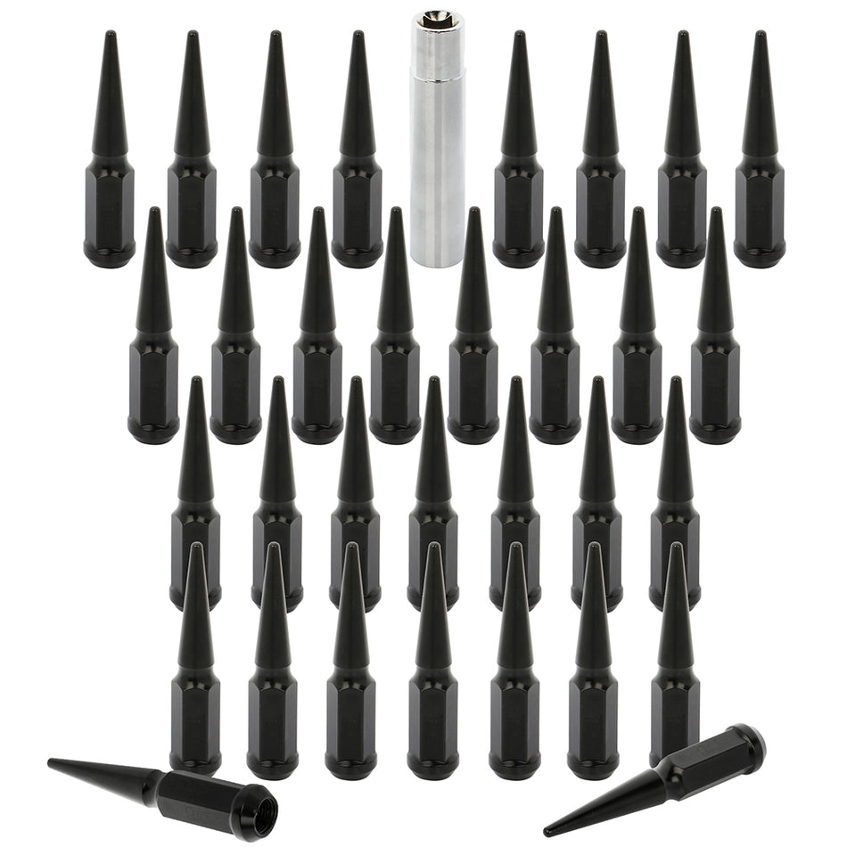 32 Pcs 9/16-18 Black Spike Lug Nuts + 1 Key Fits Ford F-250 F-350 Lobo Ram 3500