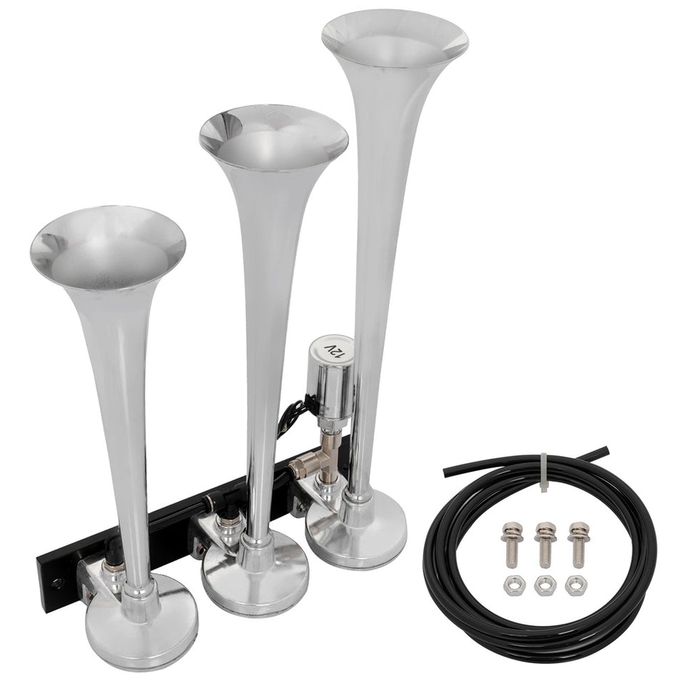 135dB 12v 3 Trumpets Chrome Plated Air Horn Kit For Truck Car SUV Raging Sound