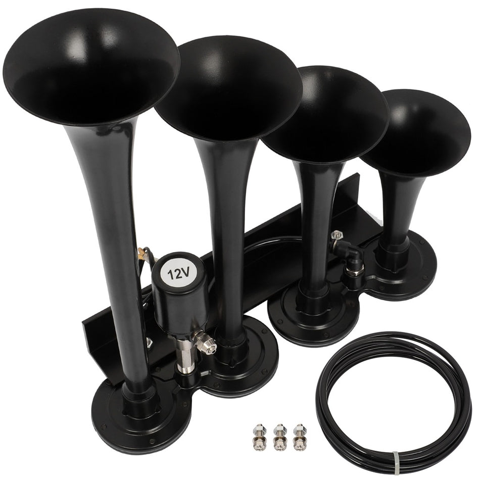 135dB 12v 4 Trumpets Solenoid Black Air Horn Kit For Truck Car SUV