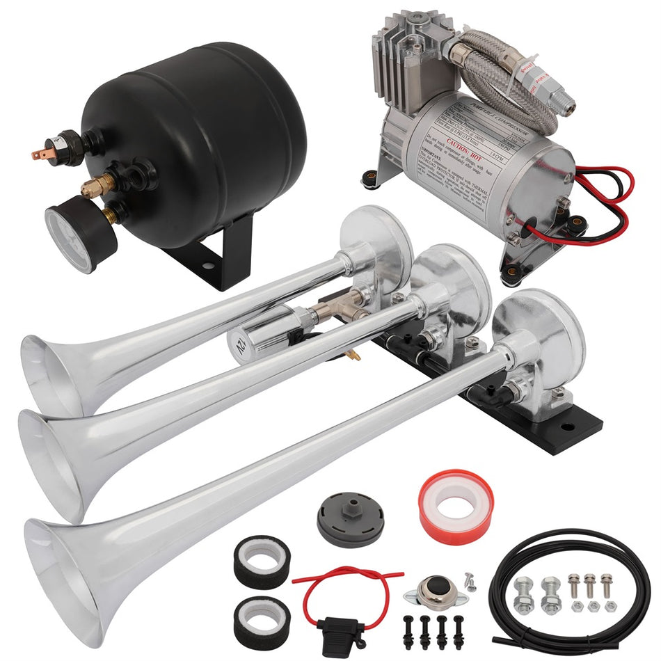 3 Trumpets Train Air Horn Compressor Tank Kit For Car Train Truck Vans Ship 12V