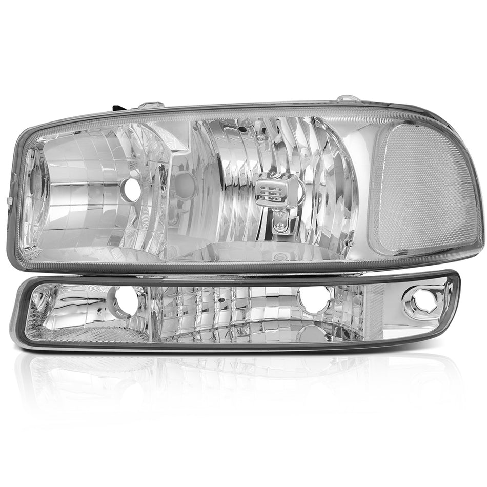 Pair Fits 1999-2007 GMC Sierra Headlights + Bumper Headlights Assembly Lamp Pair