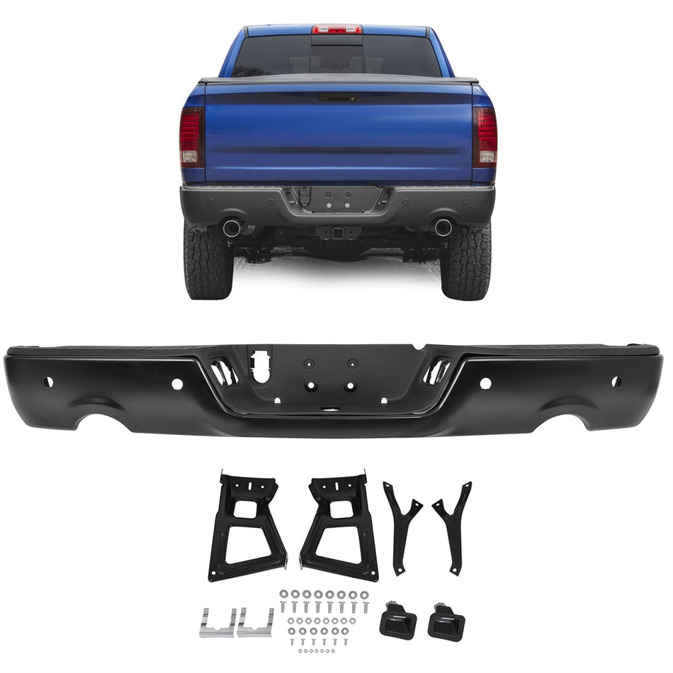 Black Rear Step Bumper With Park Assist Sensors for 2009-2018 Dodge Ram 1500