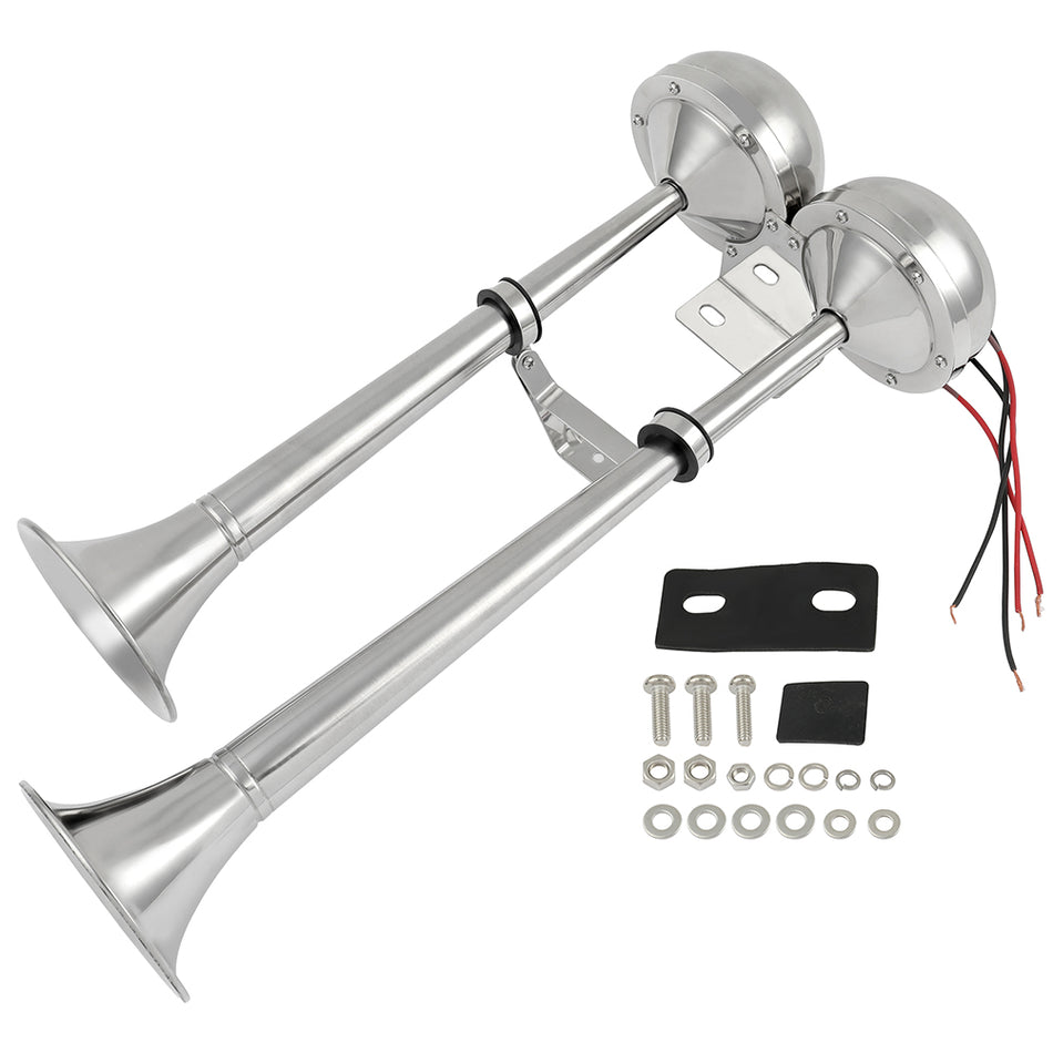 Marine Grade 304 Dual Trumpets Electric Train Ship Boat Air Horn Chrome Plated