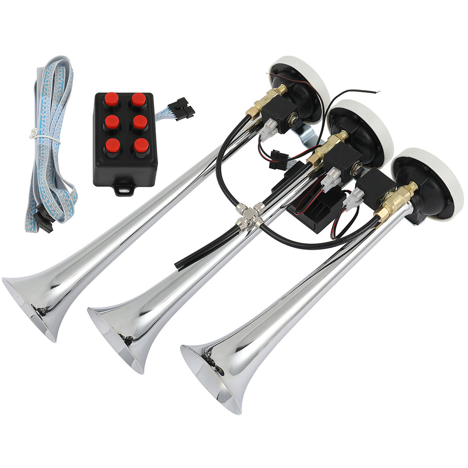 Chrome Plated Musical Loudest 3 Trumpet Train Air Horn 6 Tune With Wired Remote