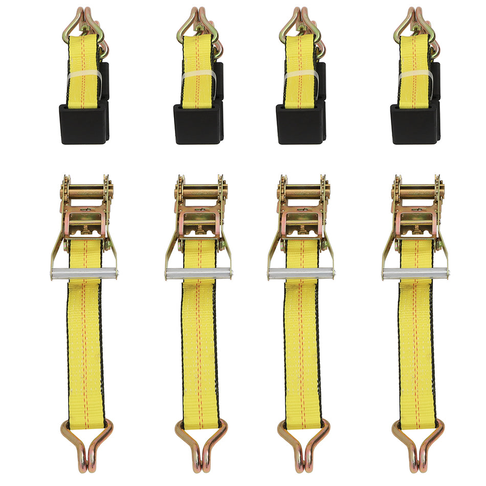 4 (four) Hook Strap Ratchet Car Hauler Wheel Tie Down Yellow