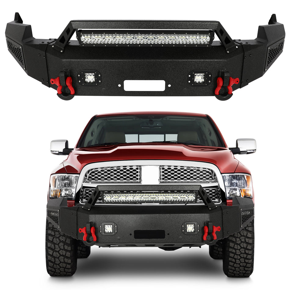 For 2009-2012 Dodge RAM 1500 w/ LED light Assembly Steel Front Bumper Black