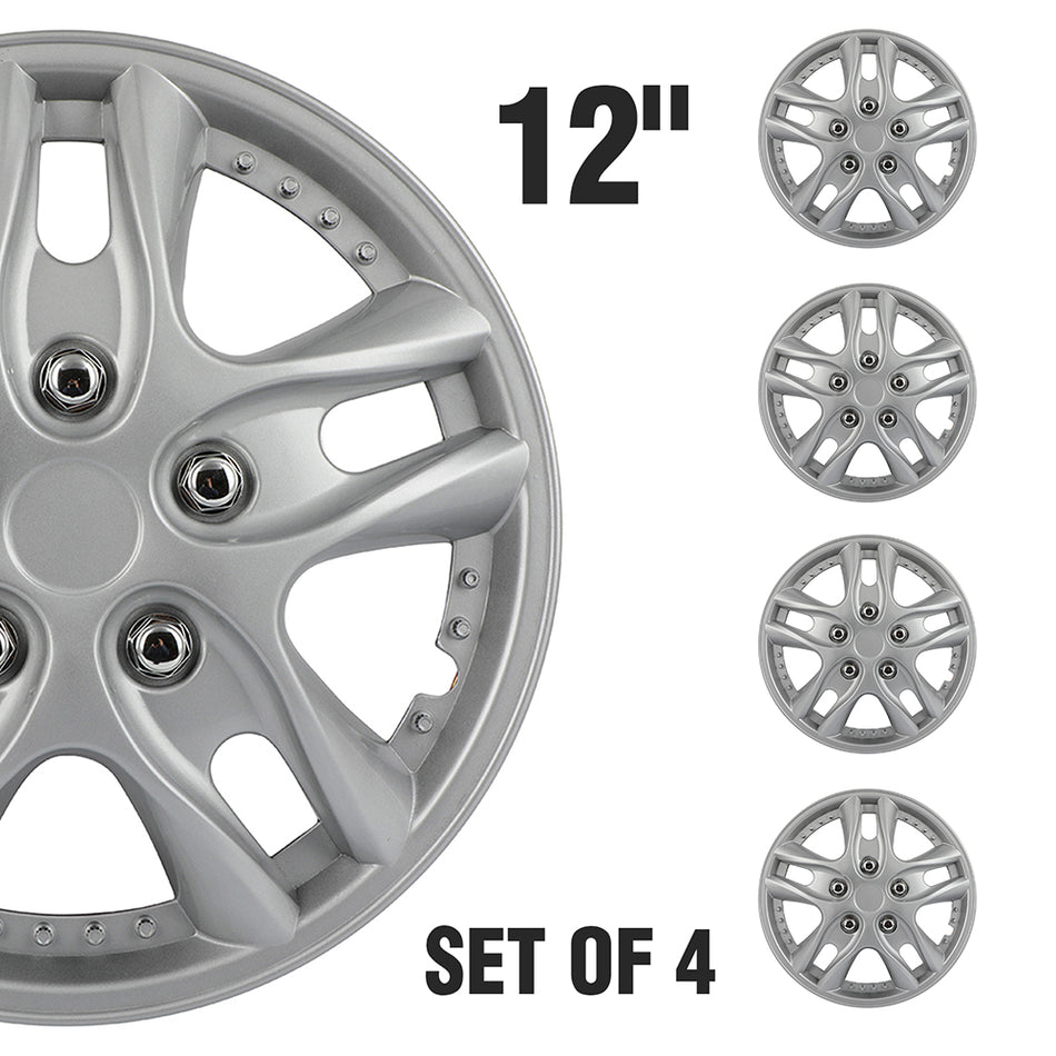 4X 12 Inch Wheel Cover Hub Caps Universal Fits R12 Tire & Steel Rim Silver