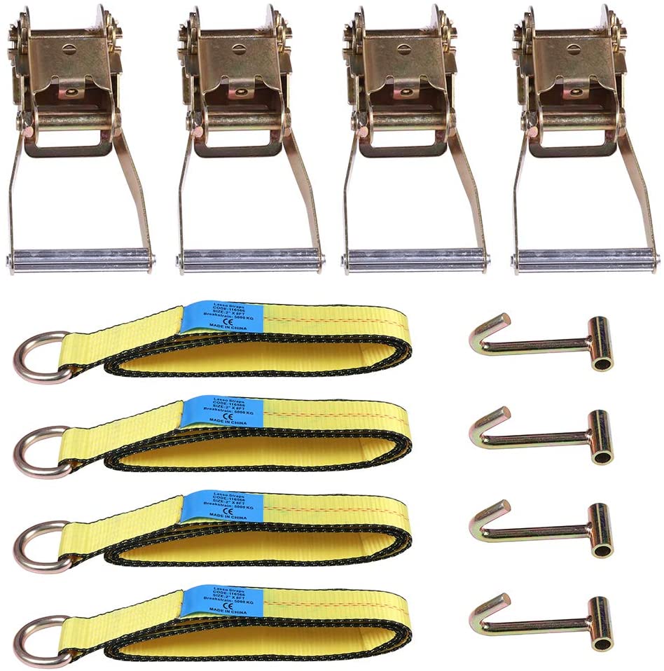 4set(12x) Lasso Wheel Lift Straps 2 inch Ratchets J Finger Hooks Tow Truck Tie Down