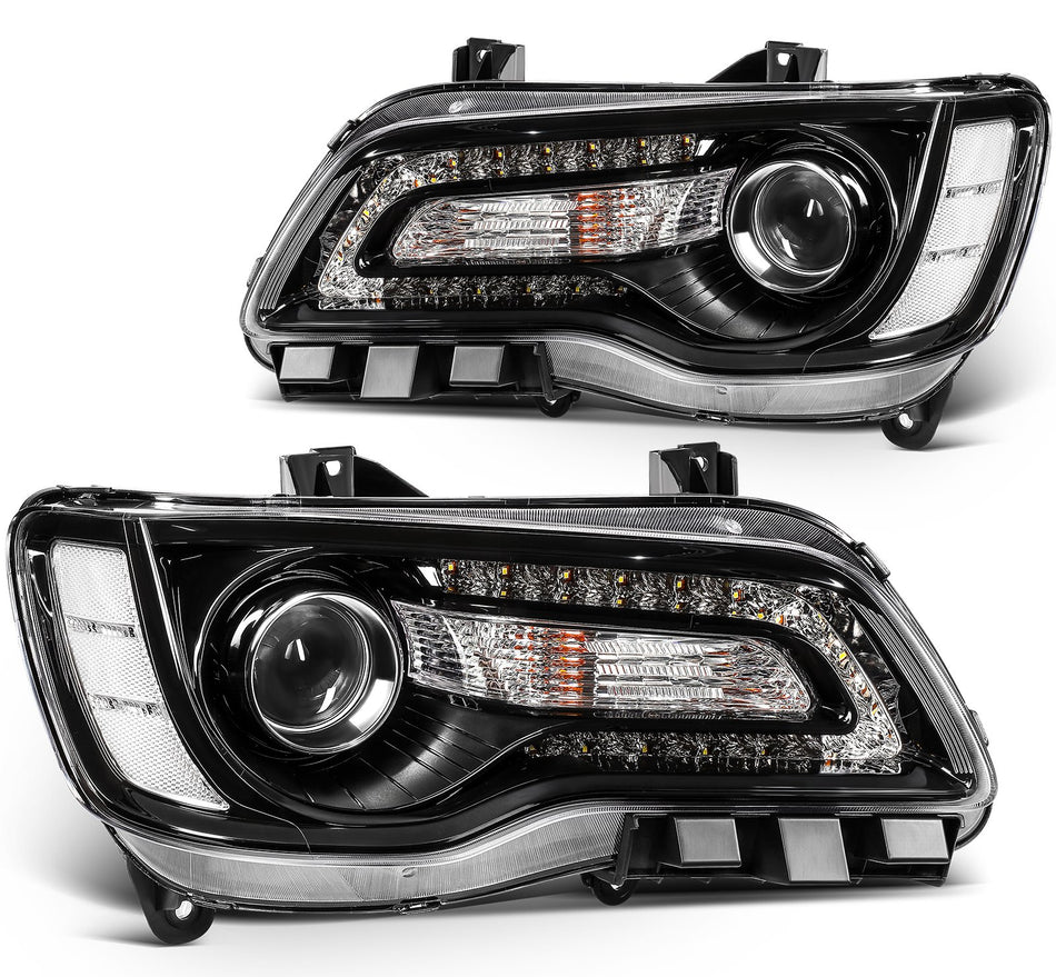 For 2015-2023 Chrysler 300 Black Housing Projector Headlights Assembly Pair