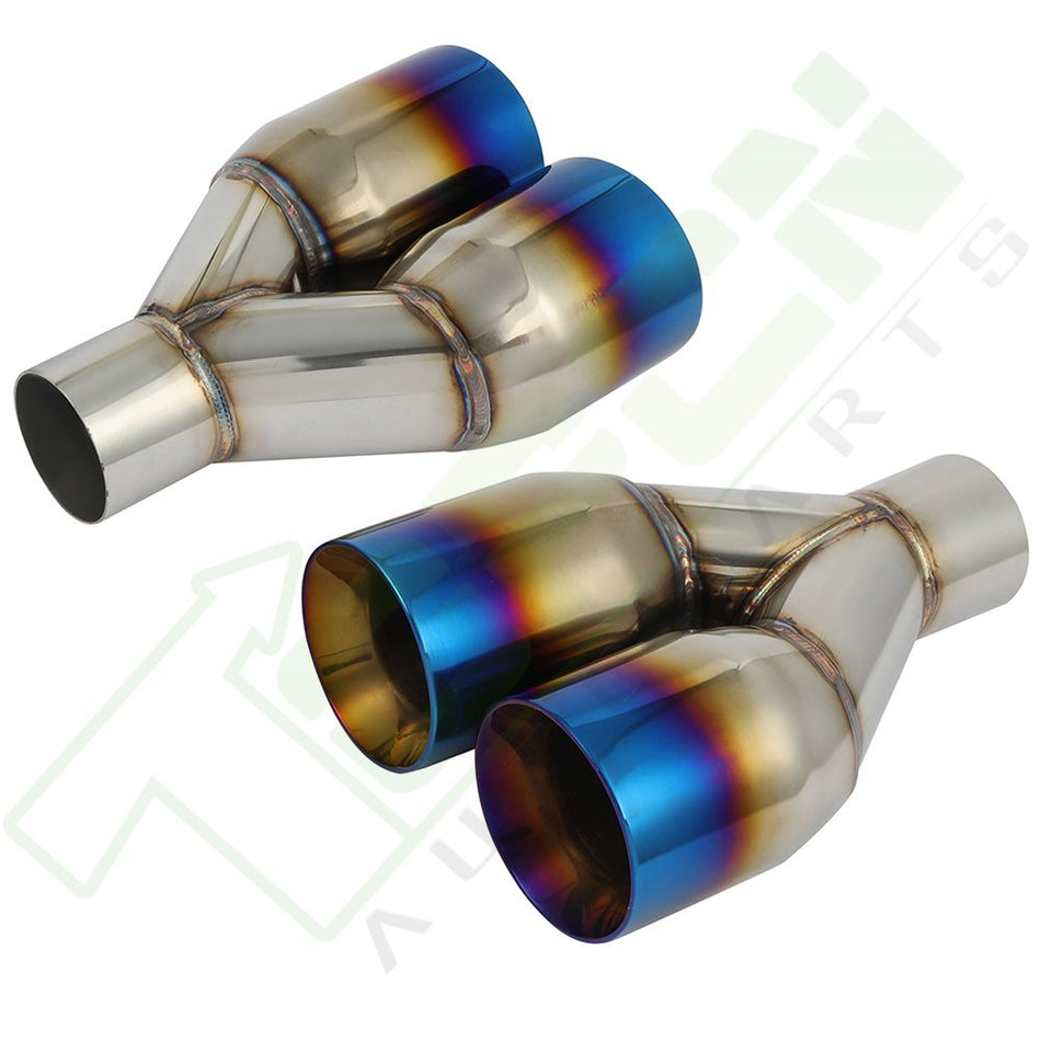 2PC 2.5inch Inlet -3.5inch Out Left Right Dual Exhaust Pipe Blue Tip Long 9.5inch