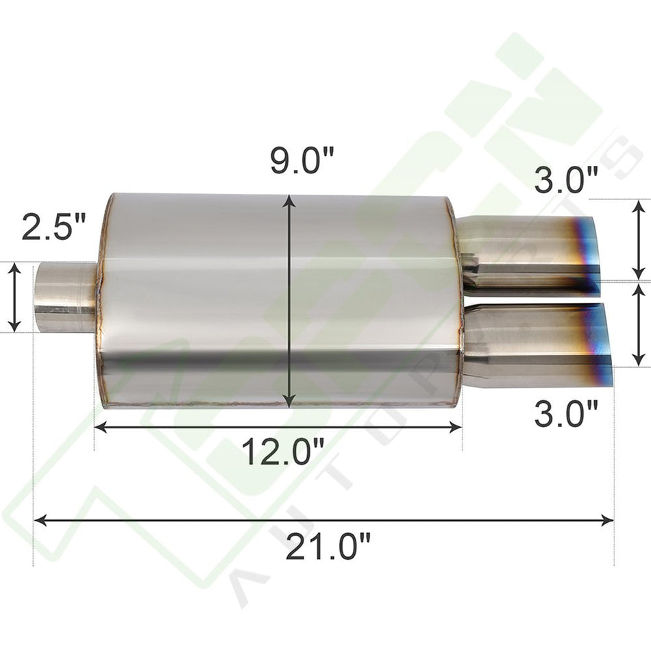 2.5inch Inlet - Dual Burnt Slant Tip-3inch Exhaust Muffler Upgrade Stainless Long-19inch