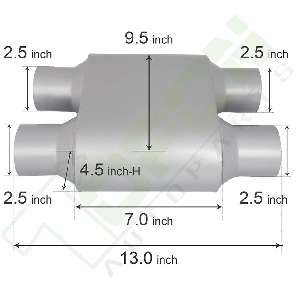 2.5inch Dual Inlet- Dual Tip Outlet Chamber Muffler Aluminized Steel Long-13inch In
