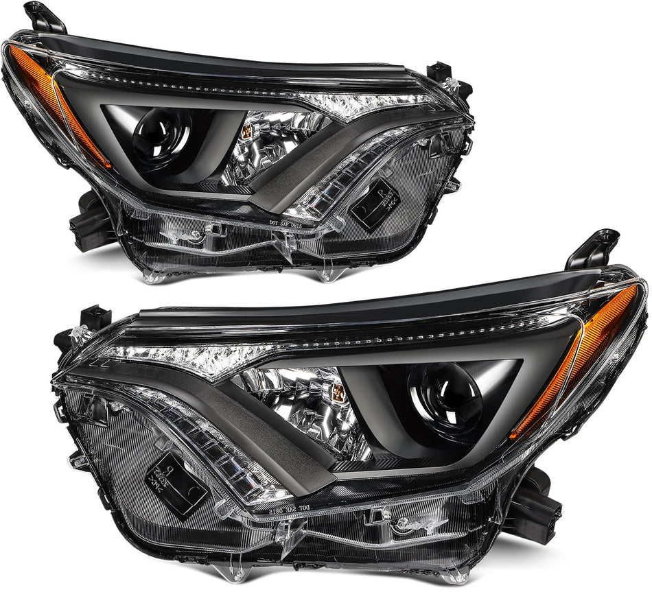 Fits Toyota RAV4 2016-2018 Black Housing Projector Headlights Assembly Set Pair