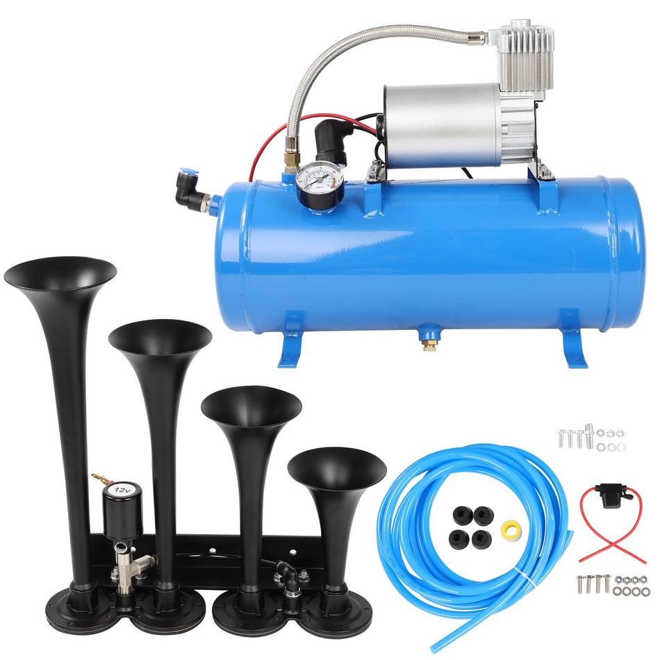 12V 4 Trumpet 150 dB Train Air Horn With 1.6 Gal Tank 150 PSI Air Compressor
