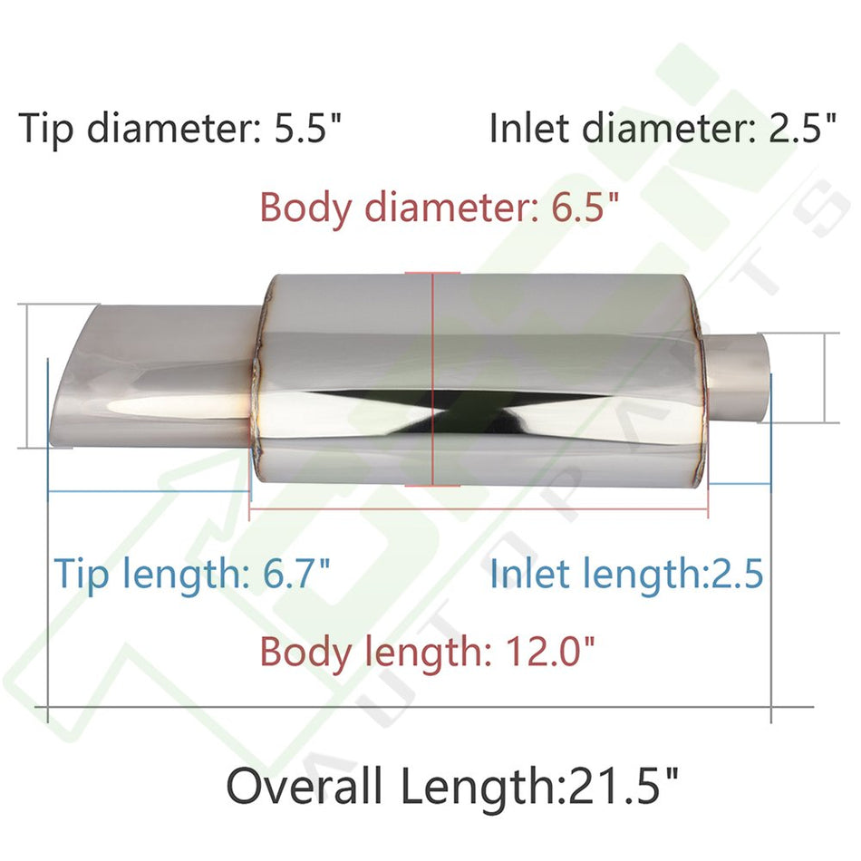 2.5inch Inlet Square Oval 5.5inch Tip Stainless Steel Exhaust Muffler Total Long 21.5inch