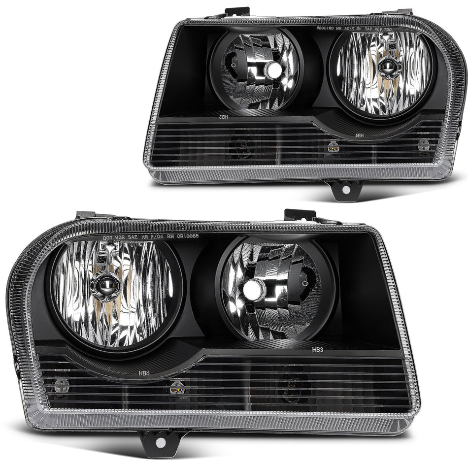 Fits 2005-2010 Chrysler 300 2.7L 3.5L Black Headlights Assembly Pair Headlamp