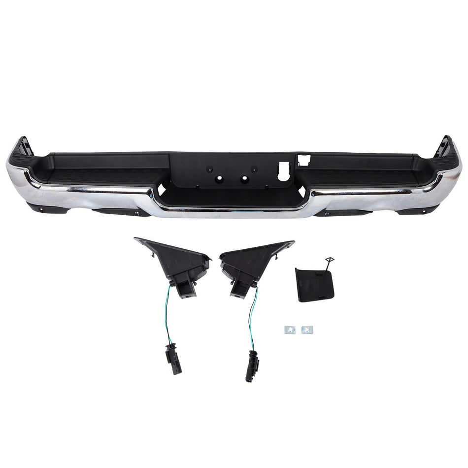 Rear For 2019-2024 RAM 1500 Chrome Steel Bumper w/ Dual Exhaust & Park Sensors