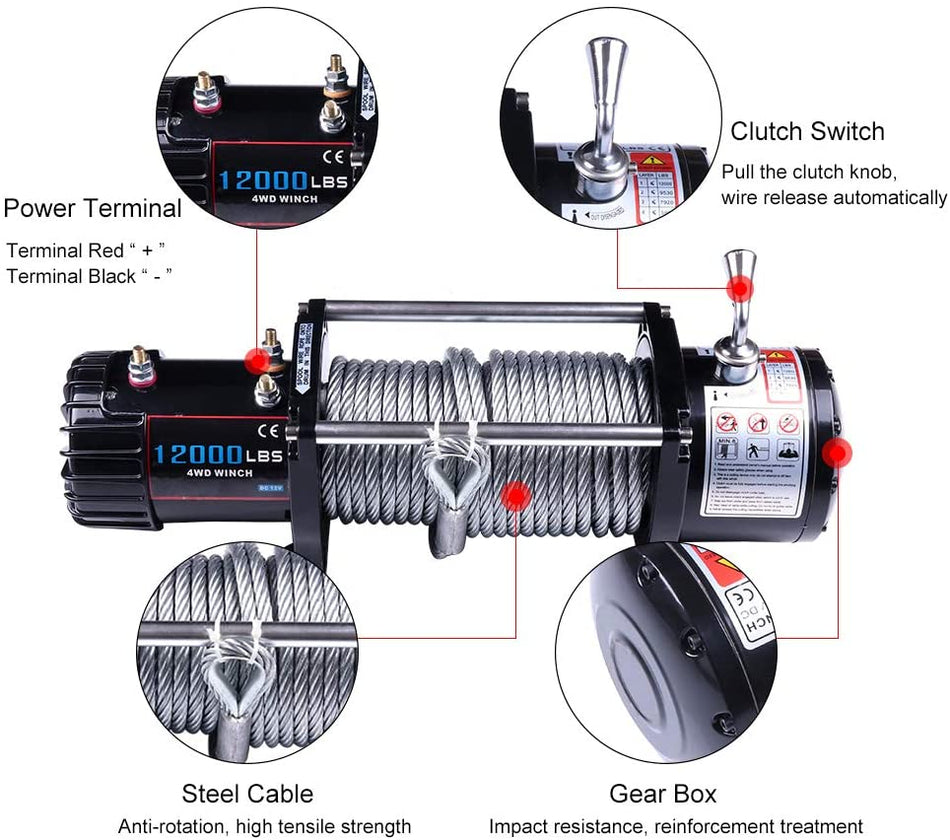 OFA 12V 12000LBS Electric Winch Steel Cable Truck Trailer Towing Off Road 4WD 116565
