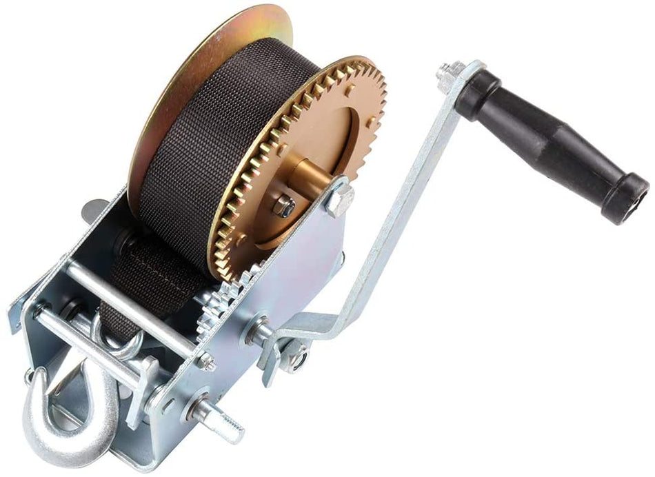 3200lb Hand Winch Hand Crank 2 Gear Polyester Strap ATV Trailer Heavy Duty