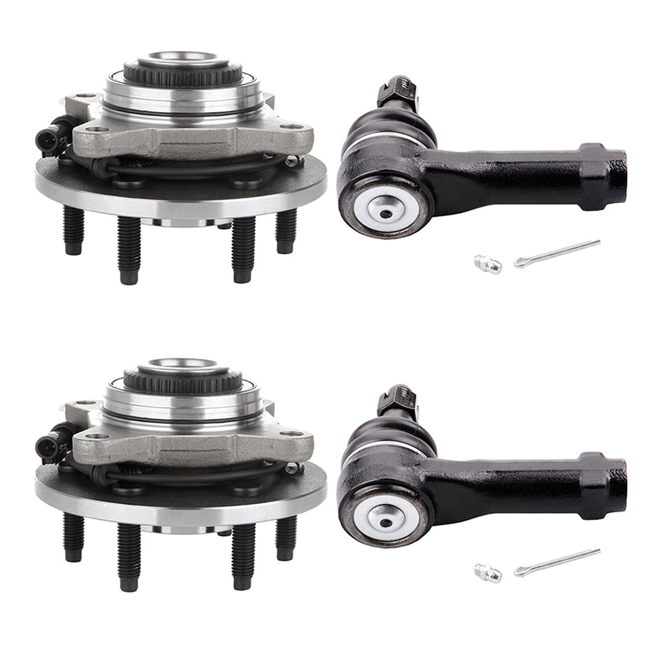 4PCS Fits Ford 6-Lug 4WD ABS Front Wheel Hub Bearing Assembly Outer Tie Rod Ends