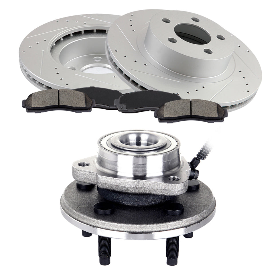 2002-2005 Ford Explorer Front Brake Rotors And Hub Bearings Ceramic Pads Kit