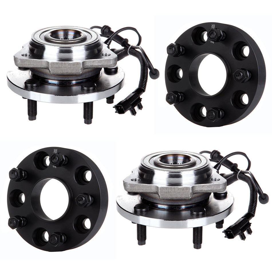 2 Front Wheel Bearing Hub ABS and 2X 1.25 inch 5x5 to 5x127 Wheel Spacers For Jeep