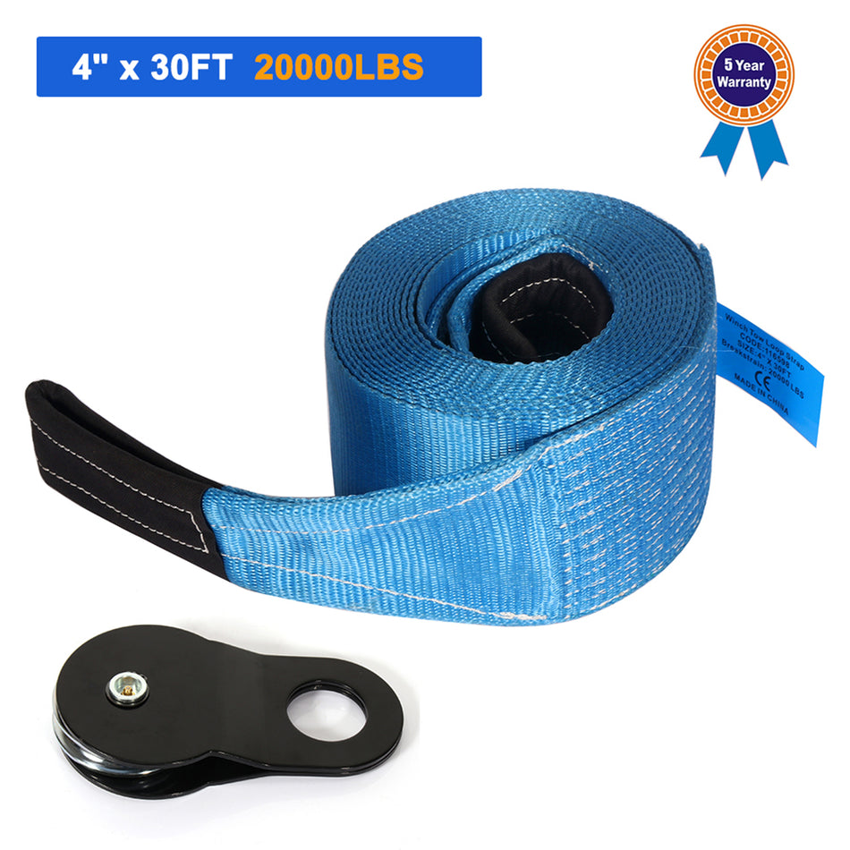 20000lbs 4 inch x 30' Heavy Duty Blue Winch Tow Loop Strap + Snatch Block