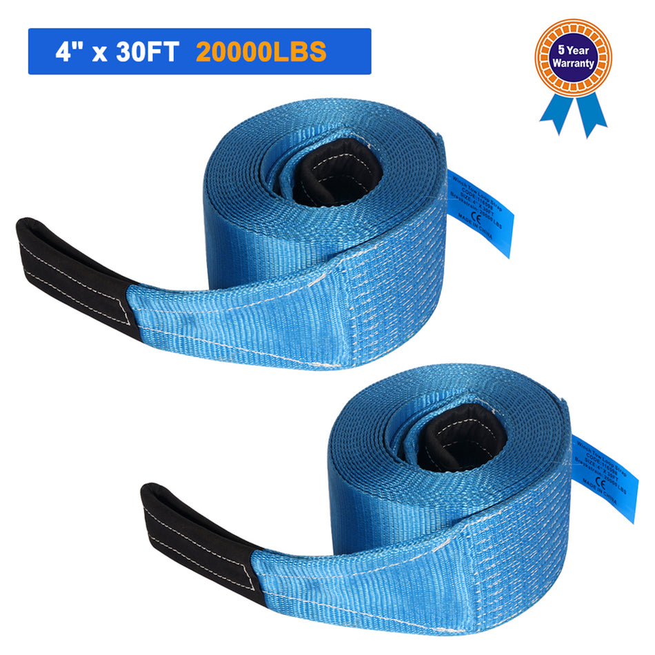 4 inch x 30' Heavy Duty Recovery Winch Tow Loop Strap 4x4 Rope Chain Towing Tow Pair