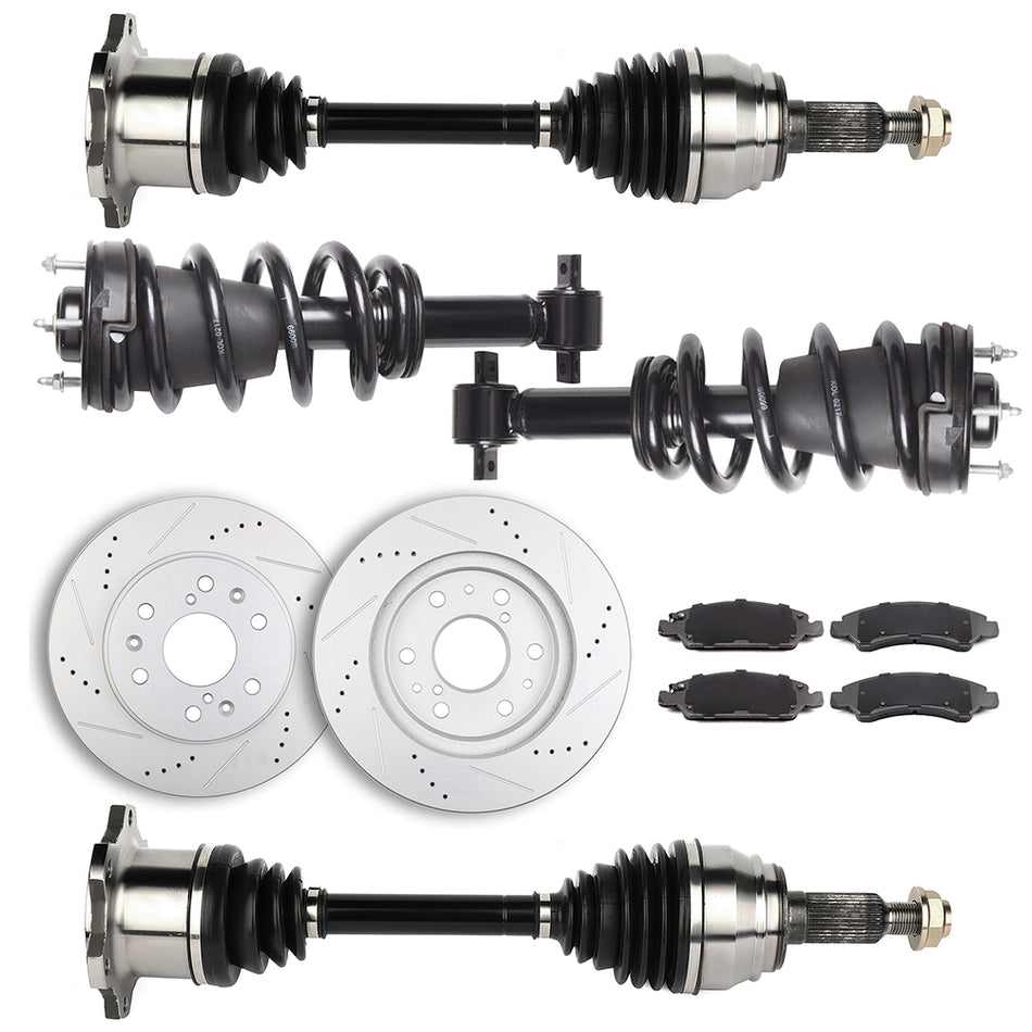 Front CV Axle+Complete Struts+Brake Pads&Rotors for GMC Yukon 5.3L 6.2L 2011-14
