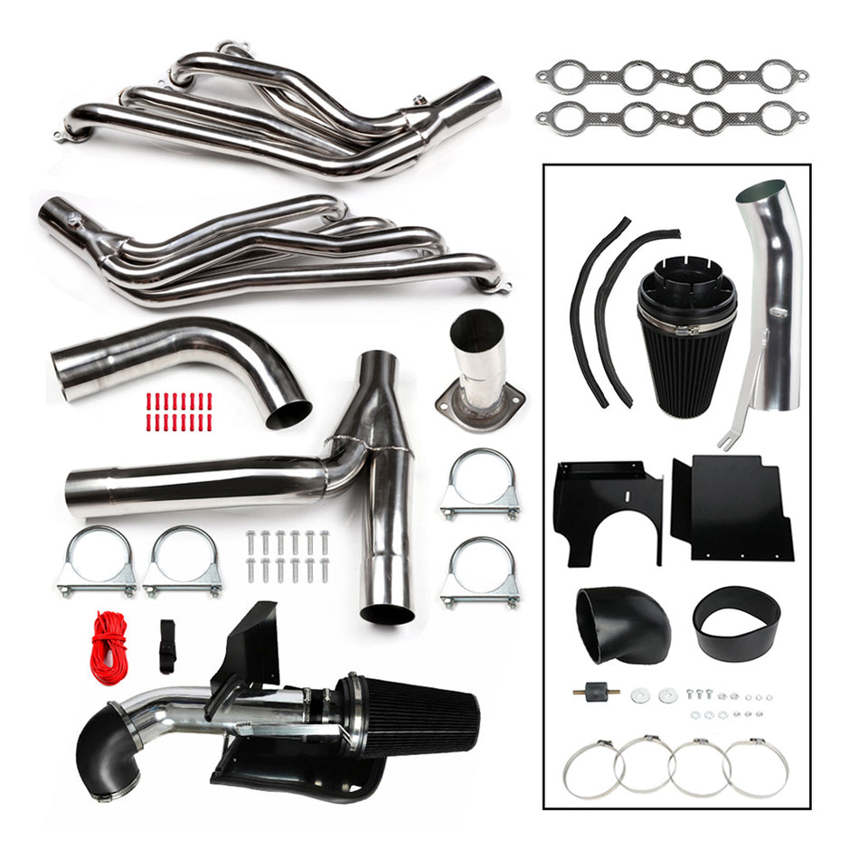 2002-2006 Chevy Silverado GMC Sierra Truck V8 Engine Exhaust Header Manifolds + Cold Air Intake Kit