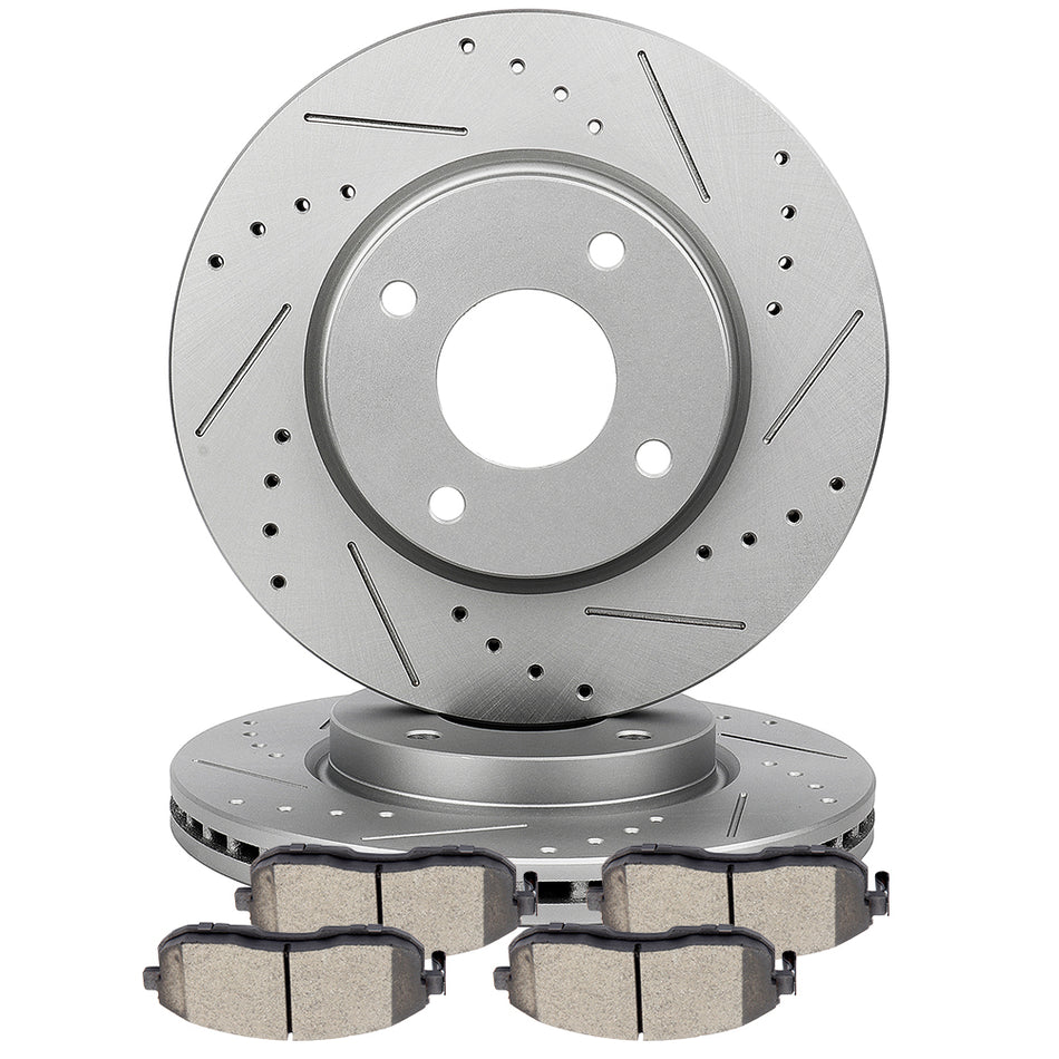 2007-2010 Nissan Sentra Front 279.4mm 4 Lug Brake Rotors And Ceramic Pads Drill Slotted